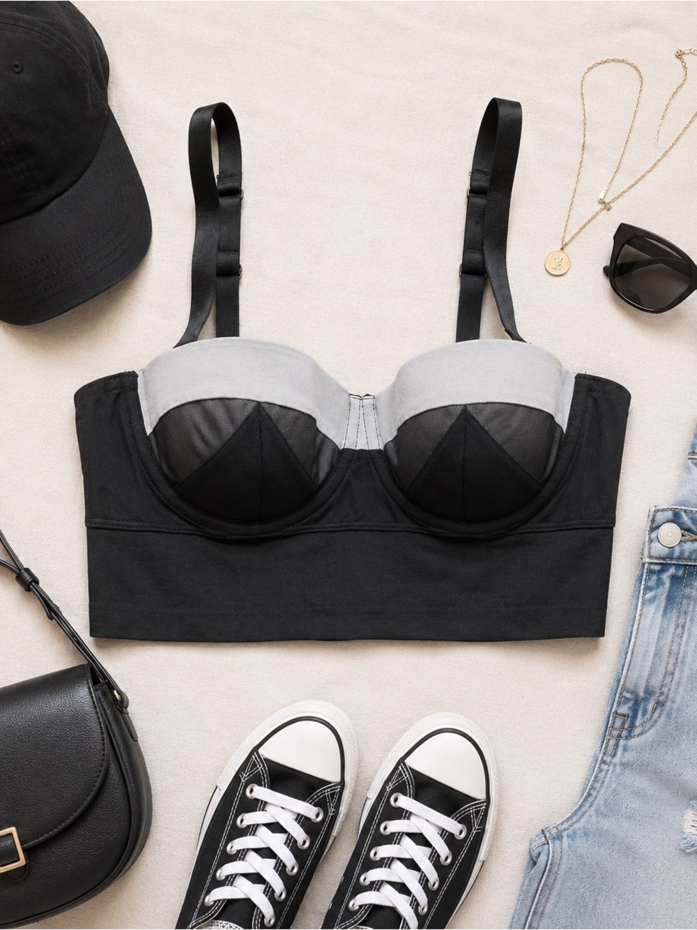 H&M Mesh Bustier Crop Top Black Balconette Corset Style | Size 34B